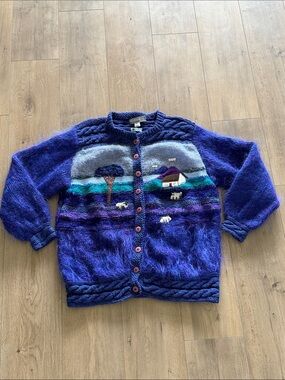 VTG Rosemarie B Hand Knit Irish Landscape Mohair Wool Cardigan Size XL